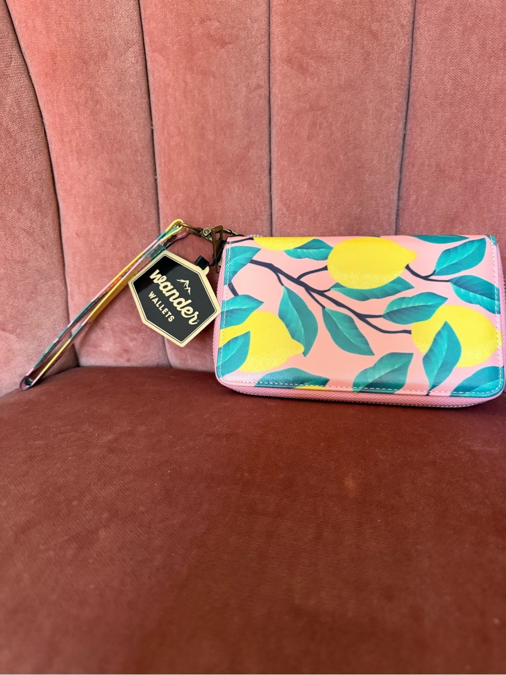 Pink Lemon Print Wristlet Wallet - Wander Wallet in Coated Canvas